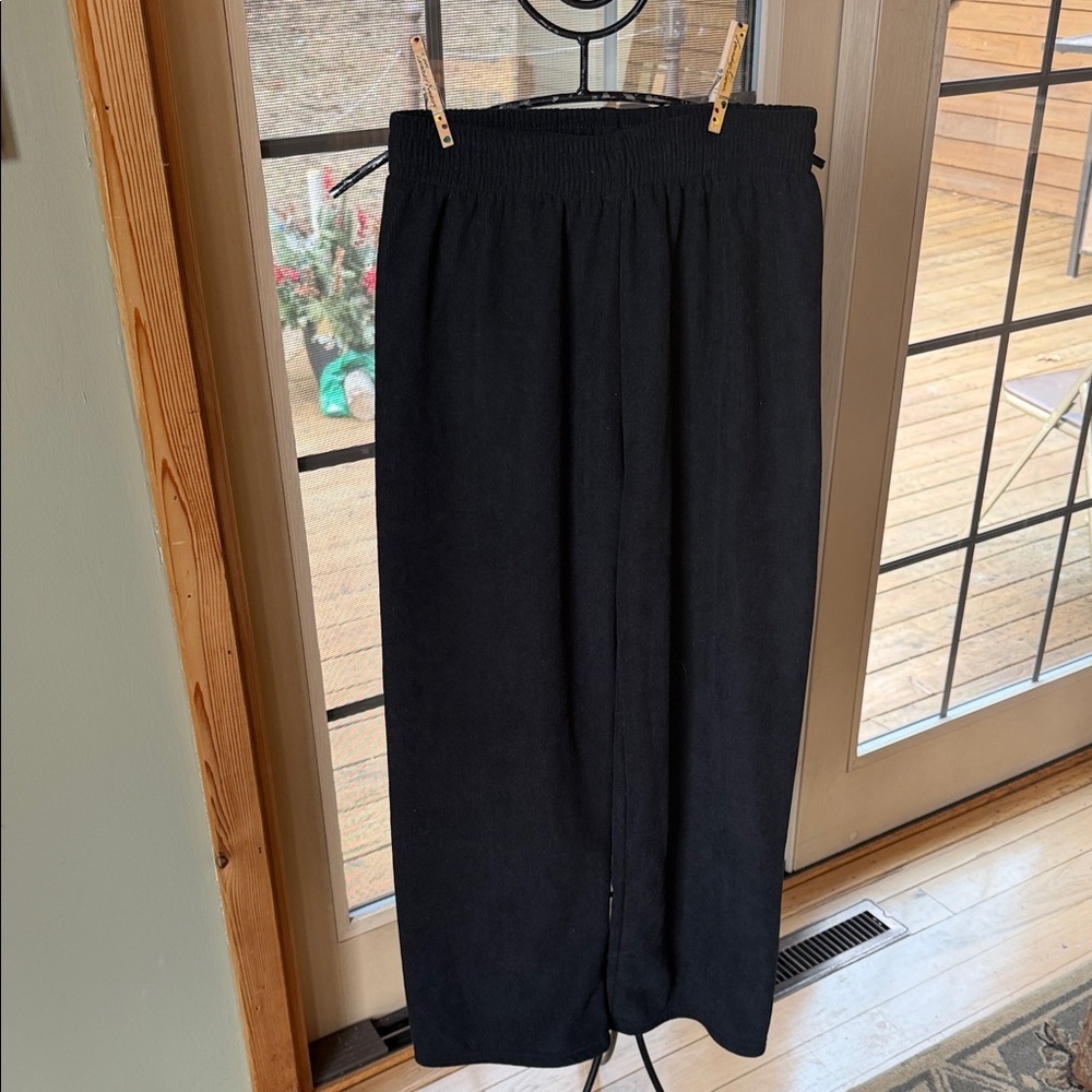 Black Ribbed Knit Wide Leg High Waisted Pull On Relaxed Pants Loungewear
